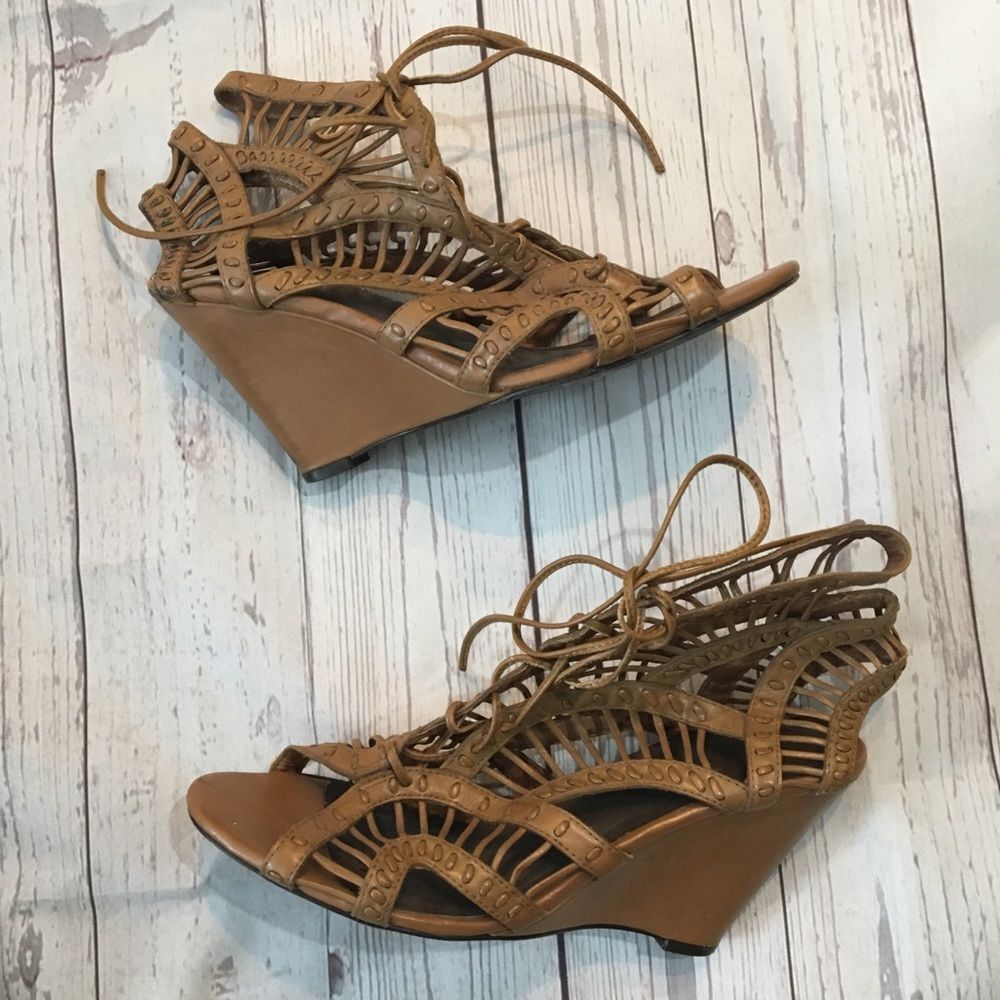 JOIE Tan Leather Gladiator Lace-Up Woven Wedge Sandals